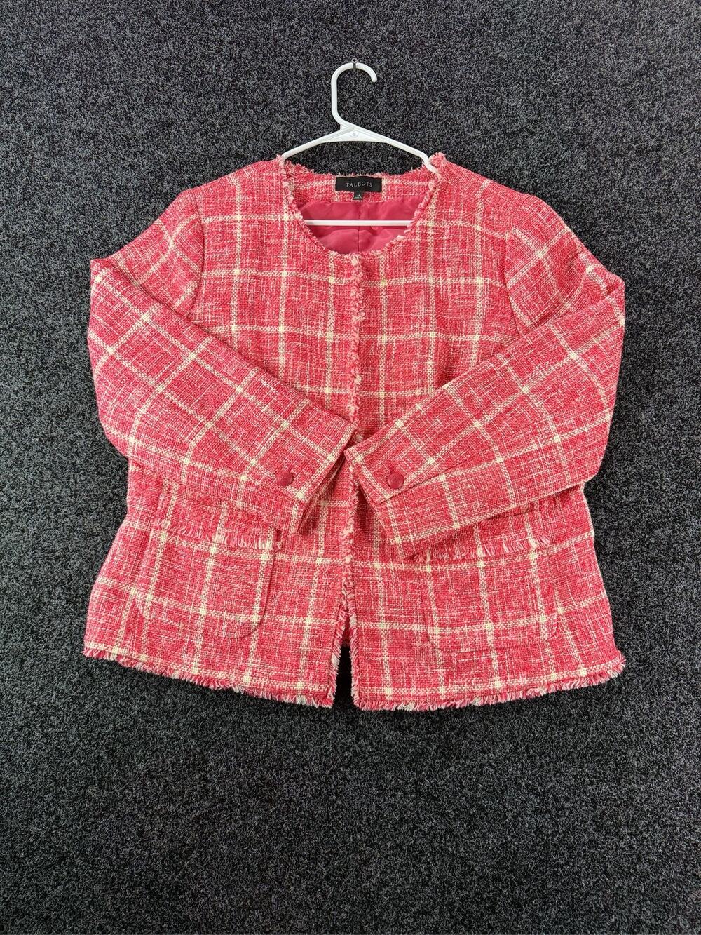 Talbots Women's Pink Plaid Tweed Blazer Jacket Fringe Trim Size 14